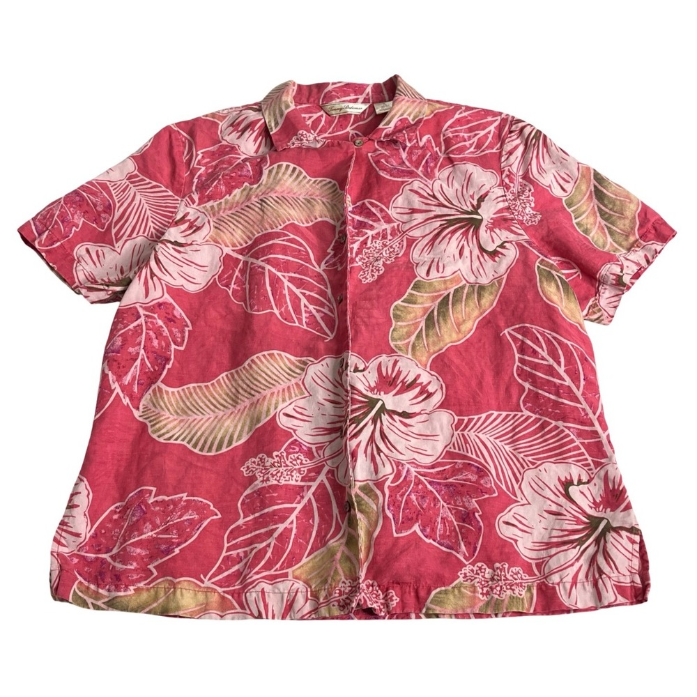 Tommy Bahama Womens XL Pink Hibiscus Camp Shirt Silk Linen Tropical Hawaiian